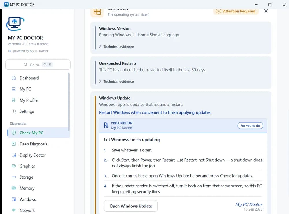 My PC Doctor showing a Windows health report and a recommended action